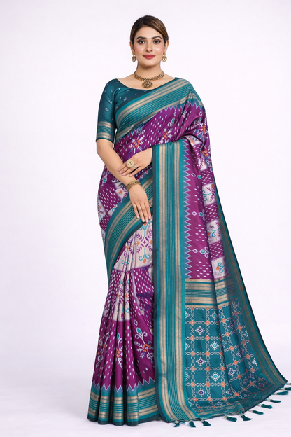 Soft Silk Ikkat Weaving Saree With Rich Zari Border