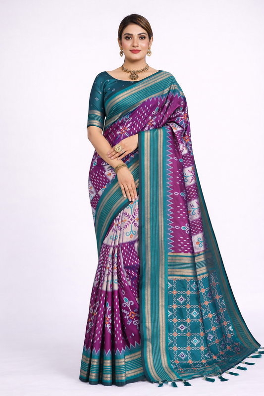 Soft Silk Ikkat Weaving Saree With Rich Zari Border