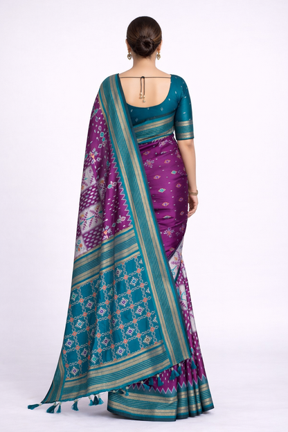 Soft Silk Ikkat Weaving Saree With Rich Zari Border
