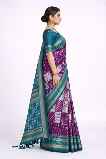 Soft Silk Ikkat Weaving Saree With Rich Zari Border