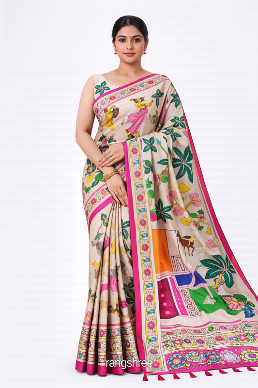 Premium Cream Kalamkari Print Bandhej Muslin Silk Saree with Pink Border