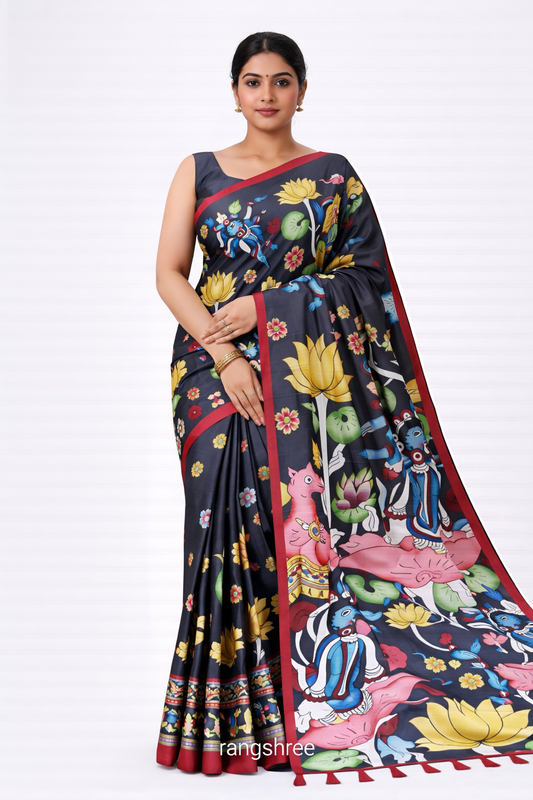 Premium Charcoal Black Kalamkari Print Bandhej Muslin Silk Saree with Red Border