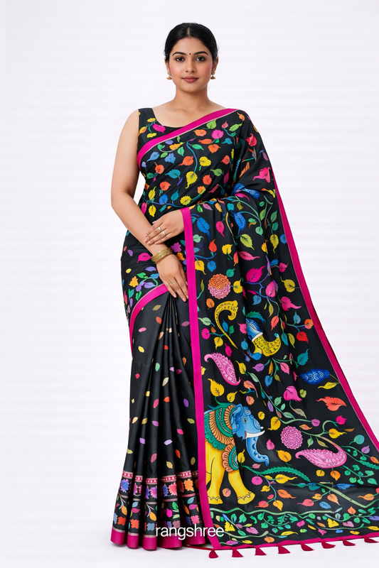 Premium Black Kalamkari Print Bandhej Muslin Silk Saree with Multicolor Elephant Design