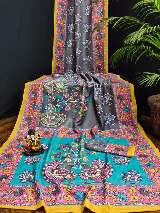 Premium Charcoal Grey Kalamkari Print Bandhej Muslin Silk Saree with Teal Peacock Pallu