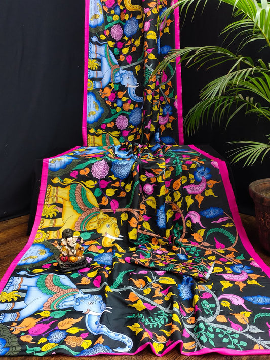 Premium Black Kalamkari Print Bandhej Muslin Silk Saree with Multicolor Elephant Design