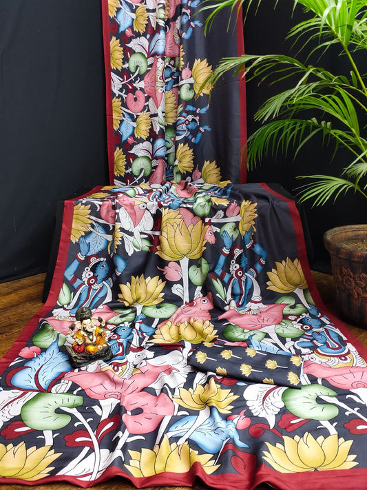 Premium Charcoal Black Kalamkari Print Bandhej Muslin Silk Saree with Red Border