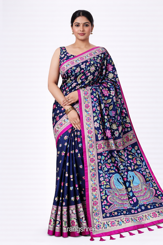 Premium Navy Blue Kalamkari Print Bandhej Muslin Silk Saree with Magenta Border