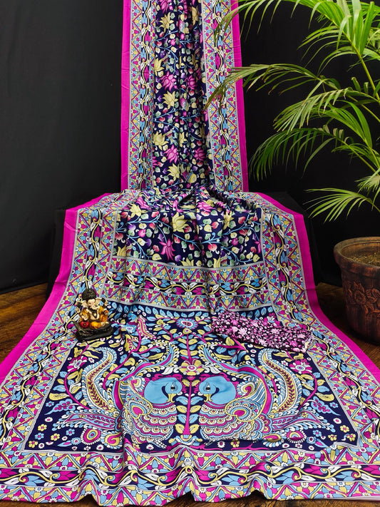 Premium Navy Blue Kalamkari Print Bandhej Muslin Silk Saree with Magenta Border
