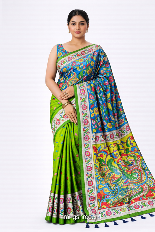Premium Parrot Green Kalamkari Print Bandhej Muslin Silk Saree with Peacock Motif