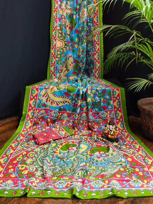 Premium Parrot Green Kalamkari Print Bandhej Muslin Silk Saree with Peacock Motif
