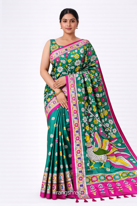 Premium Emerald Green Kalamkari Print Bandhej Muslin Silk Saree with Bird Motif & Pink Border