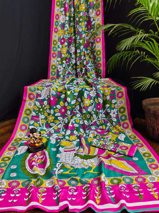Premium Emerald Green Kalamkari Print Bandhej Muslin Silk Saree with Bird Motif & Pink Border
