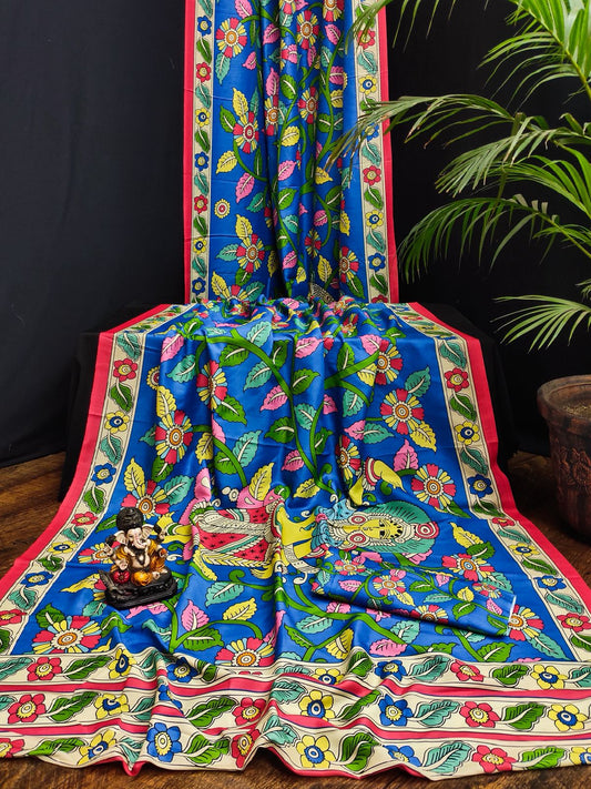 Premium Royal Blue Kalamkari Print Bandhej Muslin Silk Saree with Floral Bird Design