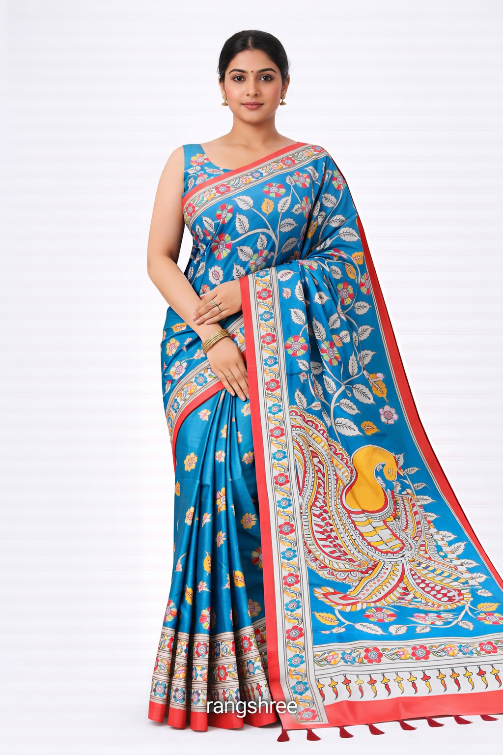 Premium & Elegant Semi-Pure Kalamkari Bandhej Muslin Silk Saree Blue