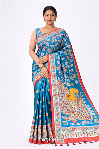 Premium & Elegant Semi-Pure Kalamkari Bandhej Muslin Silk Saree Blue
