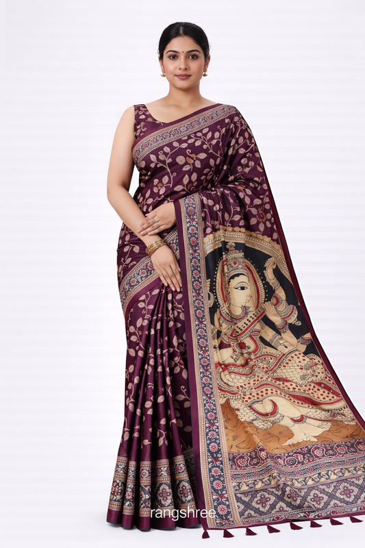 Premium Wine Maroon Kalamkari Print Bandhej Muslin Silk Saree with Goddess Motif