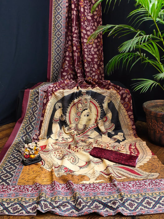 Premium Wine Maroon Kalamkari Print Bandhej Muslin Silk Saree with Goddess Motif