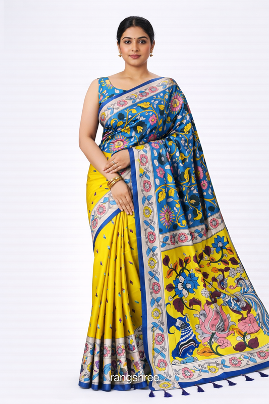 Premium Kalamkari Bandhej digital print muslin silk saree in yellow and blue